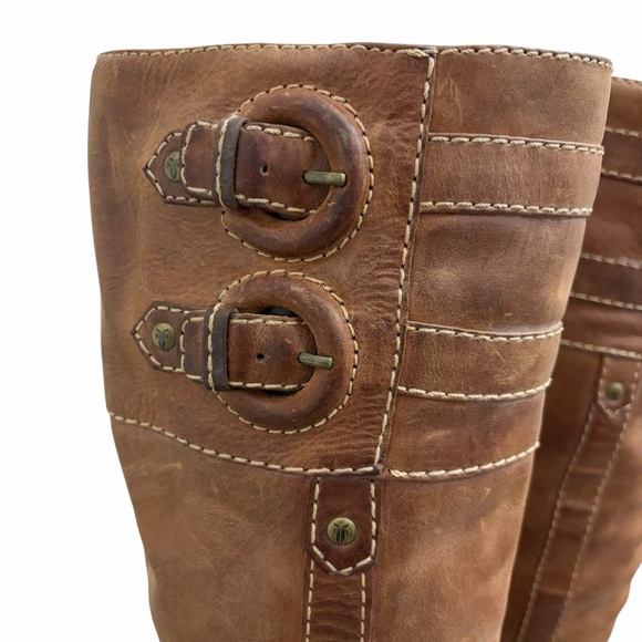 Frye Frankie Buckle Boots Leather Heeled Tall Brown 8 - Picture 3 of 12